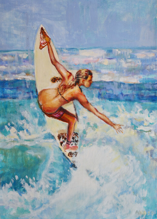 Painting titled "Taniec z falą" by Ana Smarz, Original Artwork, Oil Mounted on Wood Panel