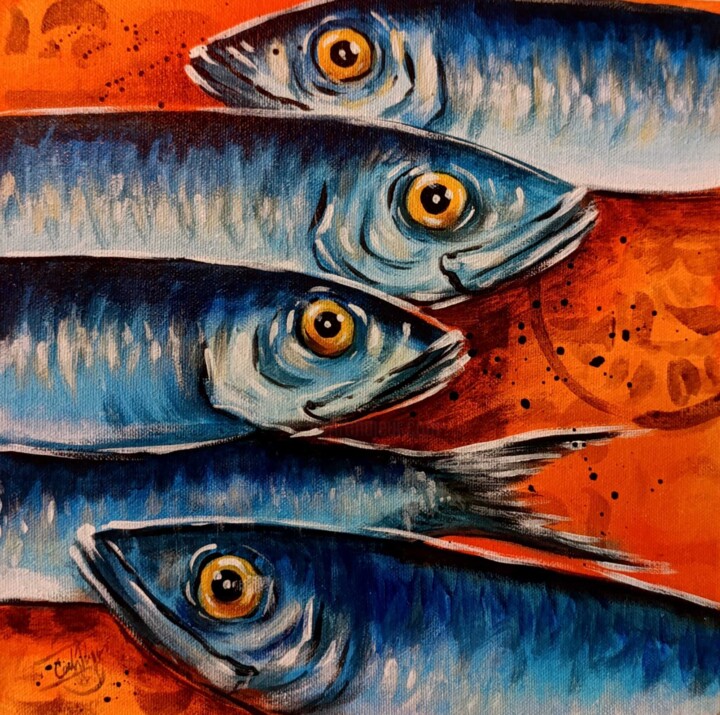 Painting titled "Sardine 2" by Carlos Rojas, Original Artwork, Acrylic Mounted on Wood Stretcher frame