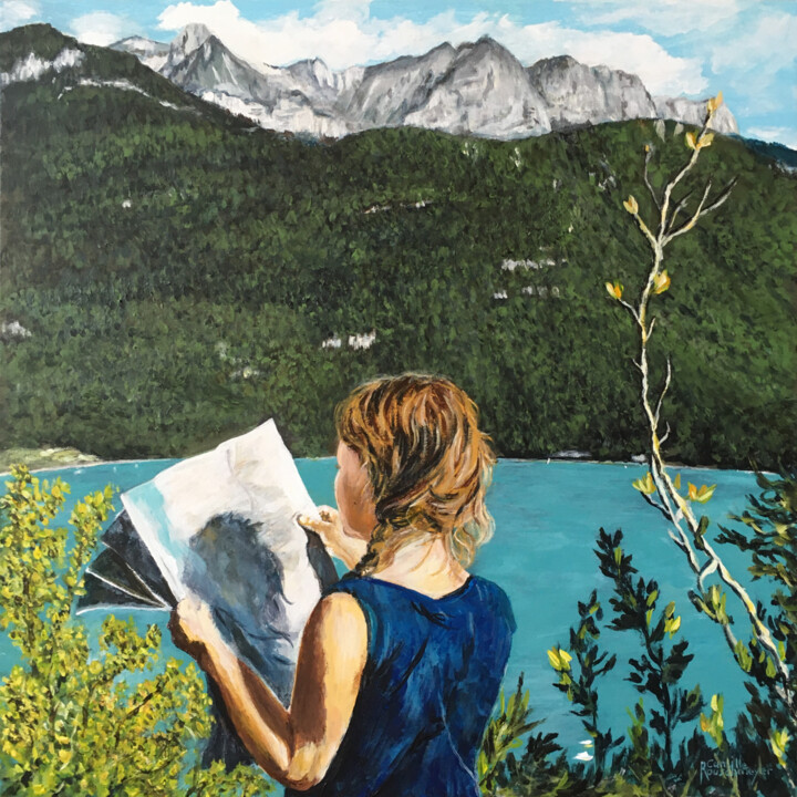 La randonneuse, le lac et les montagnes Pittura, 19,7x19,7 in