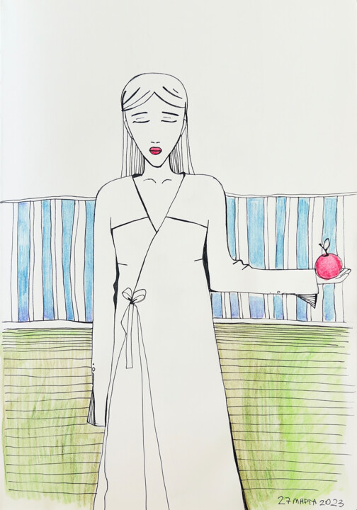 The girl with the apple 绘画, 11.8x8.3 in