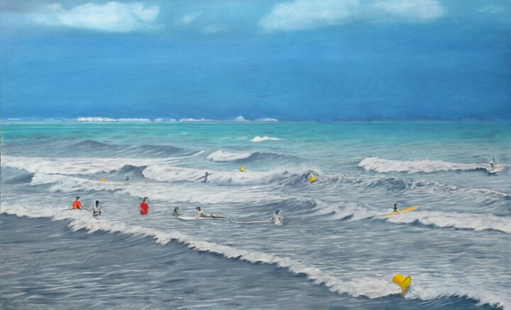 Painting titled "SURFISTAS CON BORRA…" by Joaquin Pardo Méndez, Original Artwork, Oil Mounted on Wood Stretcher frame