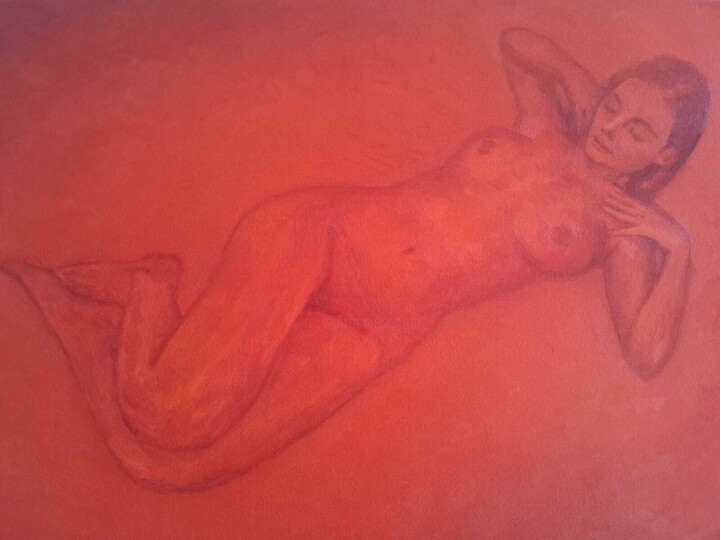 Schilderij getiteld "Liggend Naakt" door Zikel, Origineel Kunstwerk, Olie