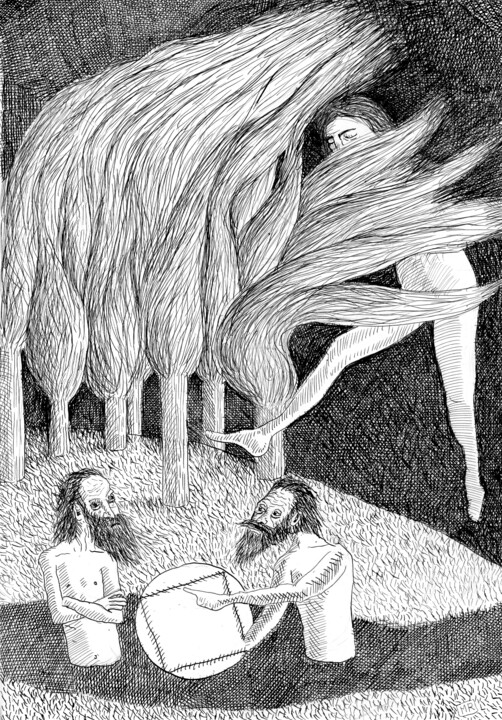 图画 标题为“Susana y los viejos” 由Miguel Rojas, 原创艺术品, 墨