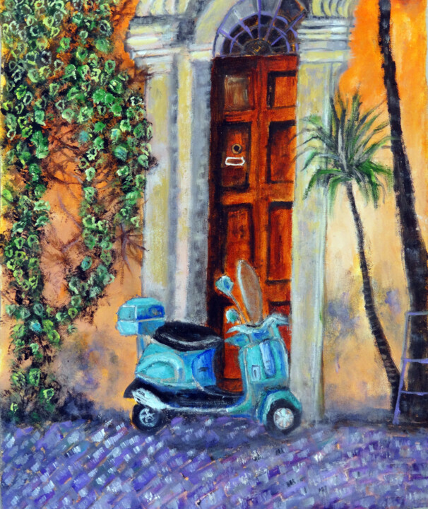 Pintura intitulada "Door With Vespa And…" por Indrani Ghosh, Obras de arte originais, Óleo