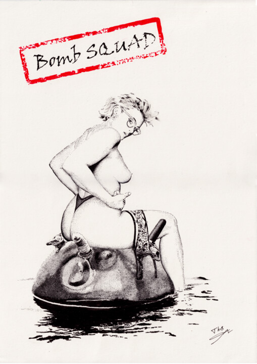 Drawing titled "Bomb Squad" by Thibault Cernaix, Original Artwork, Ink