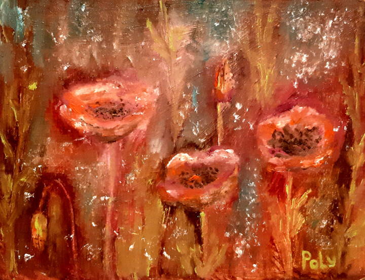 Painting titled "Flowers during war" by Poly, Original Artwork, Oil Mounted on Wood Panel