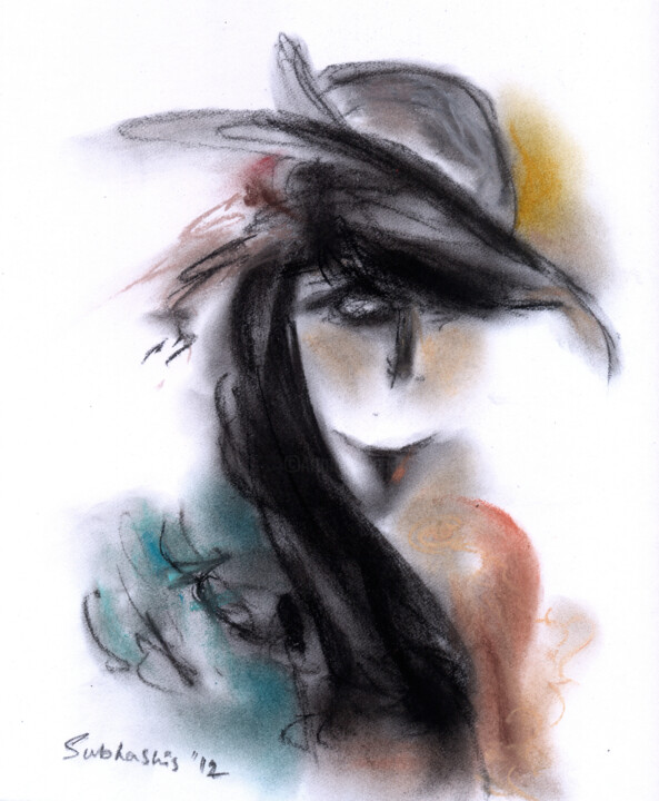 Drawing titled "Lady with hat" by Subhashis Ghosh, Original Artwork, Charcoal
