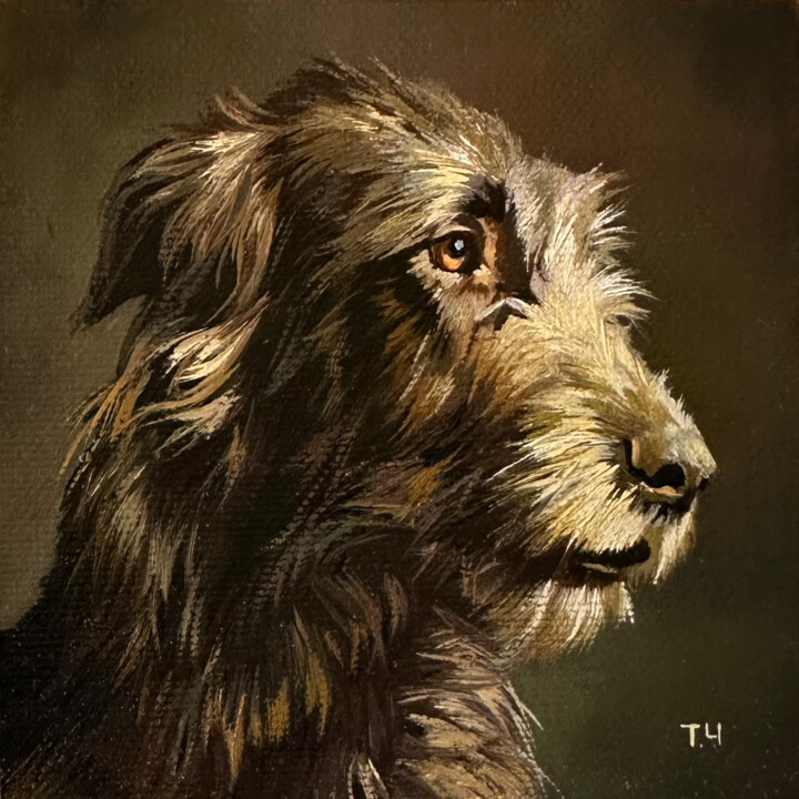 Painting titled "Irish Wolfhound" by Tatjana Cechun, Original Artwork, Oil Mounted on Cardboard