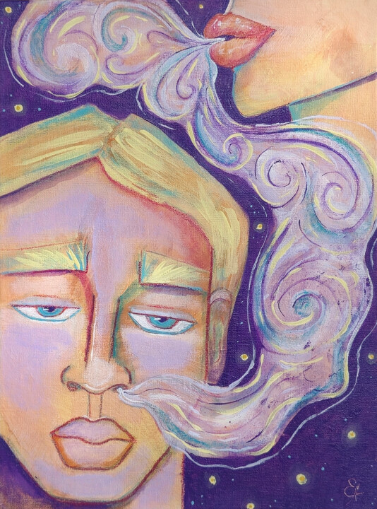 Angelic man and cloud Goddess – Cosmic Fantasy Art 绘画, 7.9x5.9 in