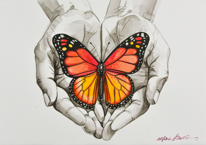butterfly on hands 绘画, 11.8x15.8 in