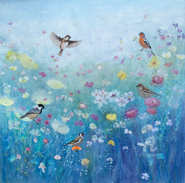 Painting titled "Songbirds in the Gr…" by Laure Bury, Original Artwork, Oil Mounted on Wood Stretcher frame