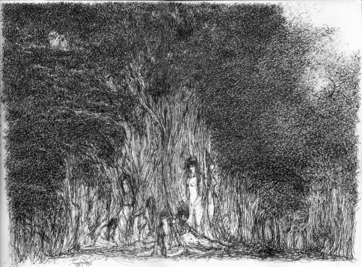 Drawing titled "Night in woods" by Subhashis Ghosh, Original Artwork, Ink