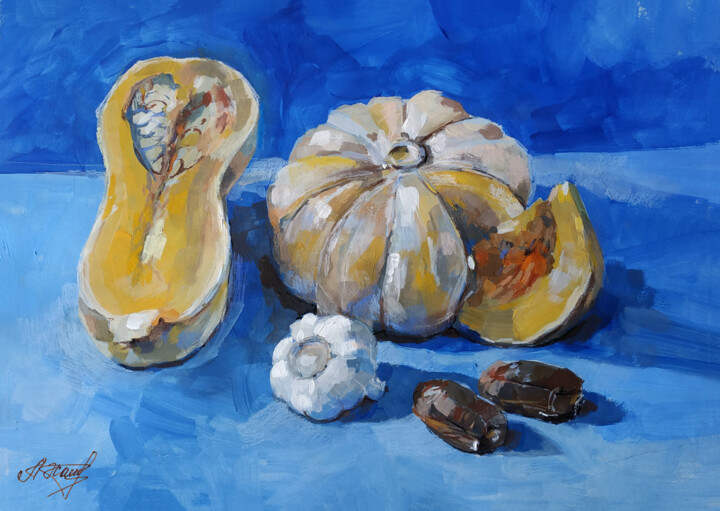 НАТЮРМОРТ С ТЫКВОЙ, ЧЕСНОКОМ И ФИНИКАМИ Pittura, 12,2x16,1 in
