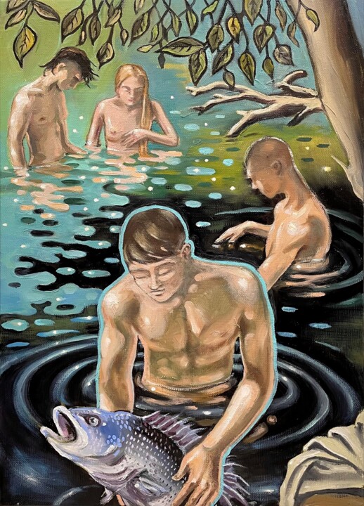 Painting titled "LES PECHEURS DU PAR…" by Robert Inestroza, Original Artwork, Oil Mounted on Wood Stretcher frame