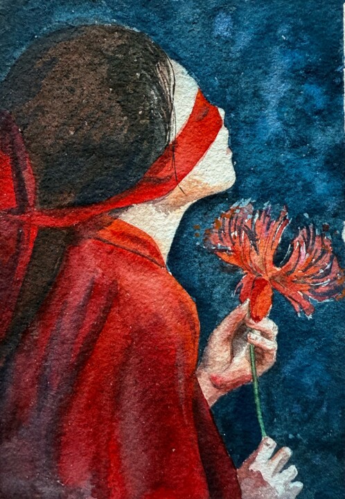 Blindfolded Woman in Red Kimono Resim, 8,3x5,9 in
