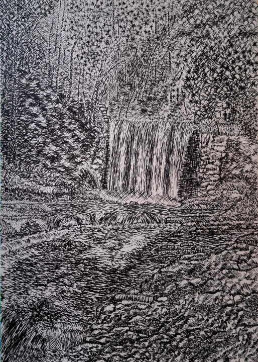 Drawing titled "Nant Mill Waterfall" by Mayamba Mwanza, Original Artwork, Ink