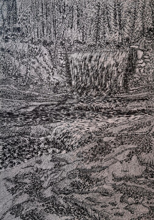 Drawing titled "Nant mill waterfall…" by Mayamba Mwanza, Original Artwork, Ink