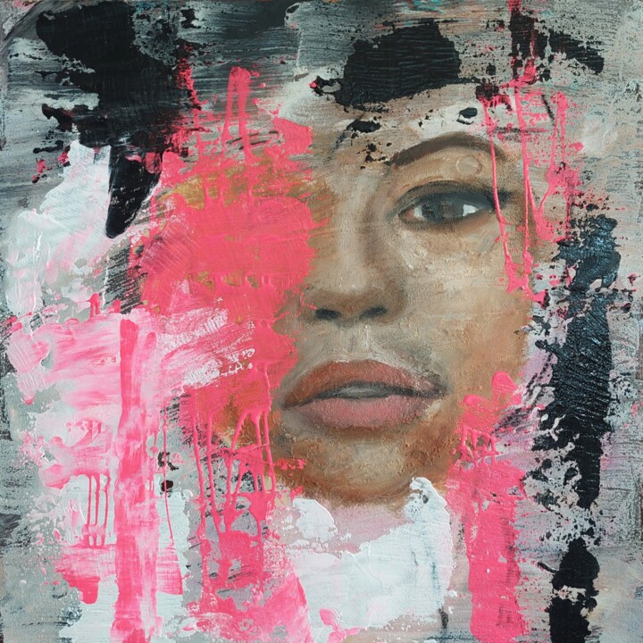 Painting titled "Black female" by Els Driesen, Original Artwork, Acrylic Mounted on Wood Stretcher frame