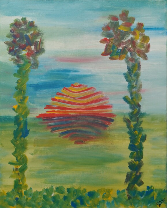 Schilderij getiteld "Sunshine" door Wiesje Van Dam, Origineel Kunstwerk, Acryl Gemonteerd op Frame voor houten brancard