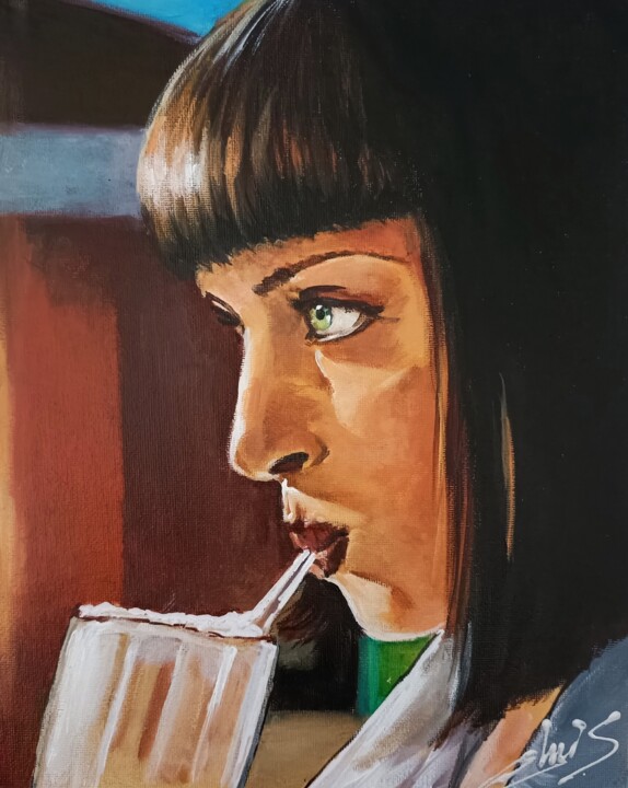 Tableau peinture pulp fiction portrait Uma Thurman Star ciné 绘画, 11.8x9.5 in