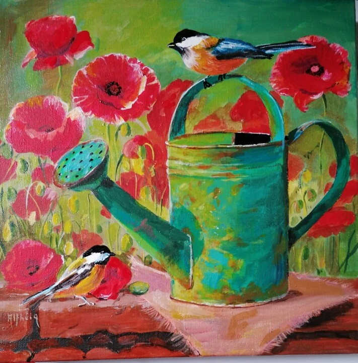 L'arrosoir et les coquelicots 绘画, 11.8x11.8 in