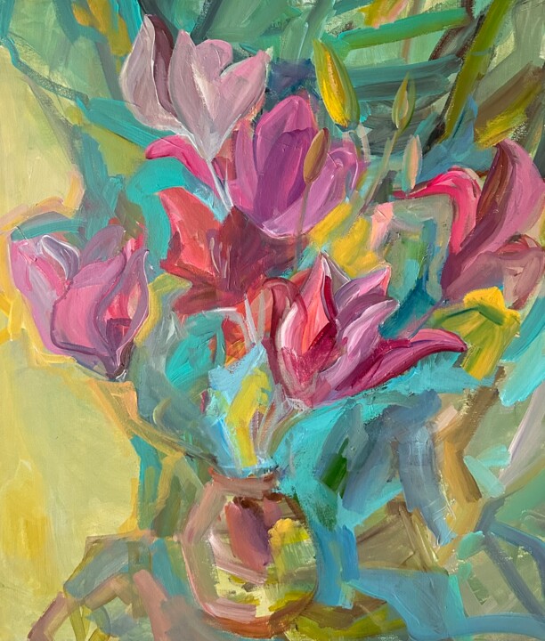 Lilies on green. 绘画, 27.6x23.6 in