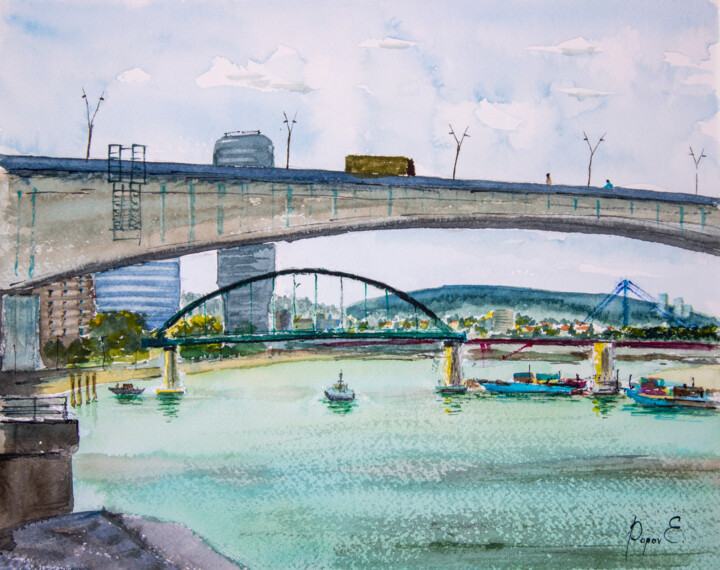 Painting titled "Branko's Bridge and…" by Eugene Popov, Original Artwork, Watercolor
