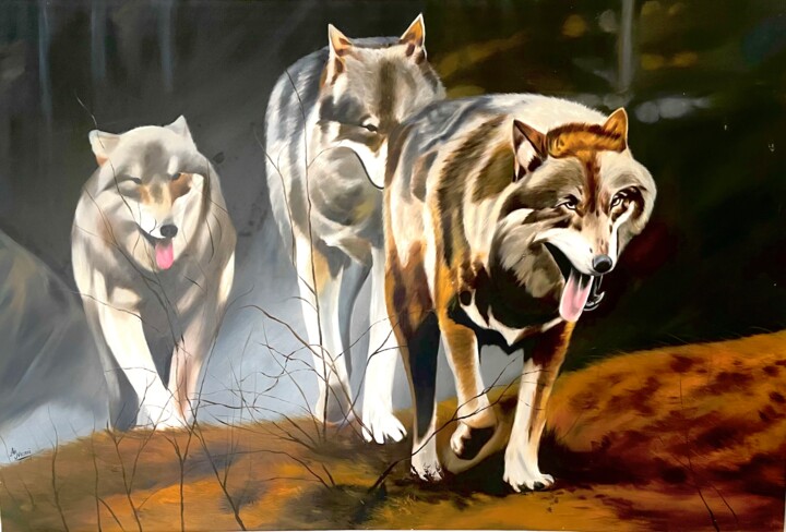 Loups Majestueux dans la Nature Peinture Originale sur Toi 绘画, 37x55.1 in