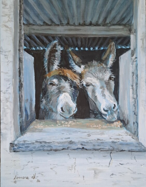 제목이 "Donkeys in a Stable"인 미술작품 Leonora De Lange로, 원작, 아크릴