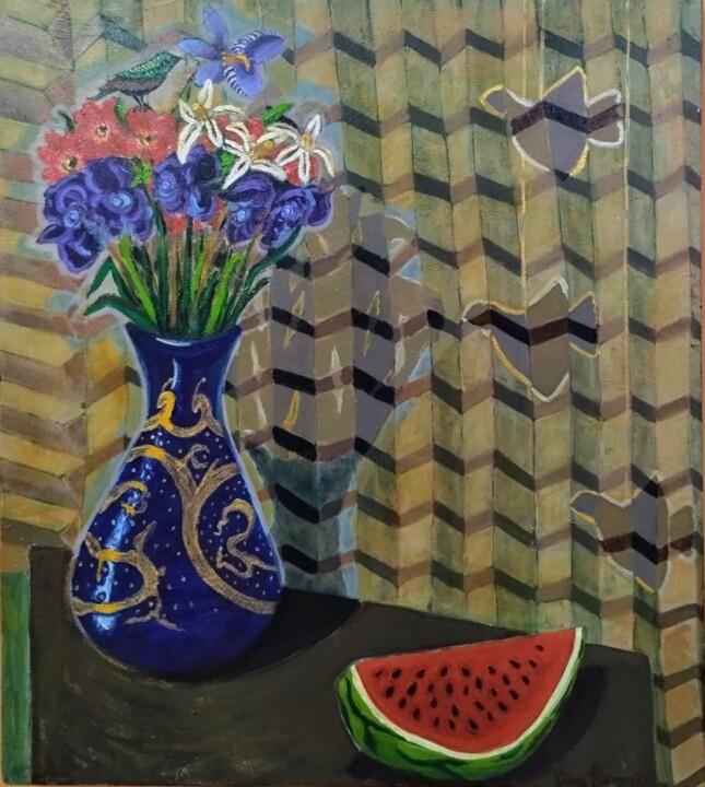 绘画 标题为“Flores Iris” 由Vera Borges, 原创艺术品, 丙烯 安装在木质担架架上