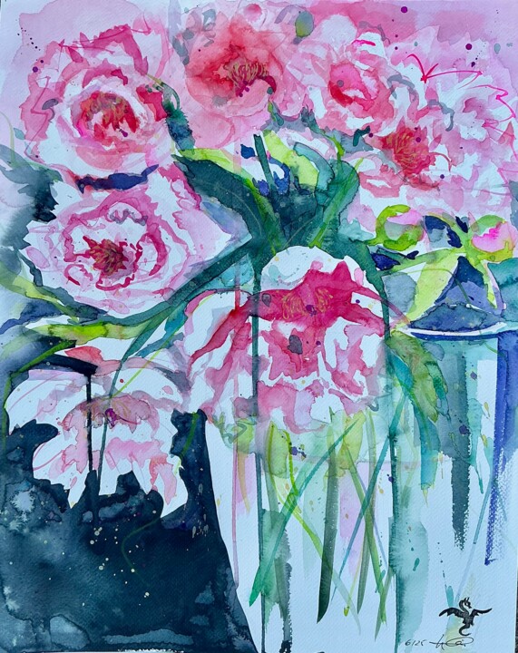 Painting titled "Pfingstrosengeflüst…" by Lyndwoorm, Original Artwork, Watercolor
