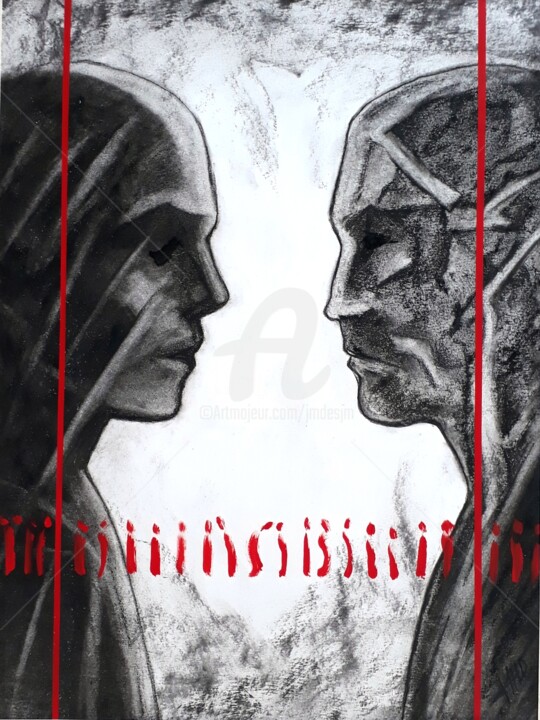 Drawing titled "Le face à face" by Jean-Michel Desterke, Original Artwork, Charcoal Mounted on Cardboard