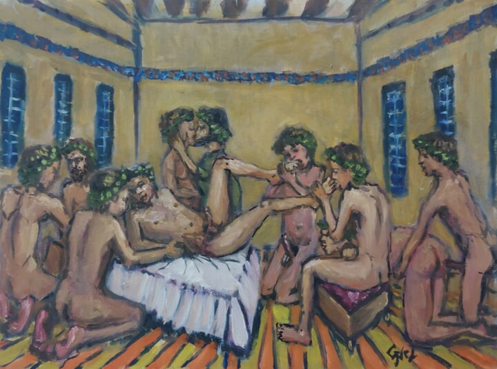 Painting titled "Symposium" by Giorgos Nicolaou (Gncl), Original Artwork, Oil Mounted on Cardboard