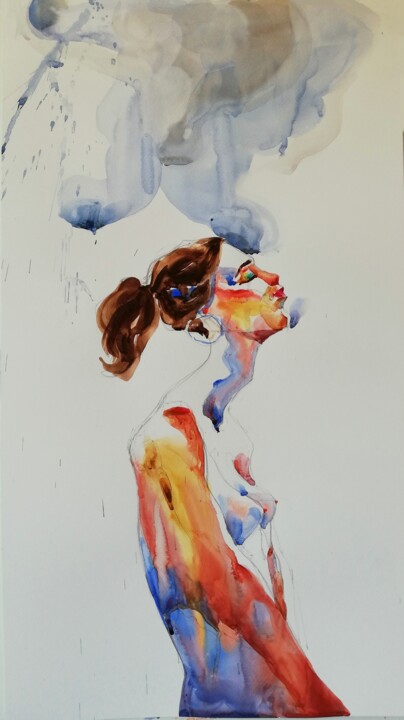 Painting titled "Sunset Nude" by Jelena Djokic, Original Artwork, Watercolor