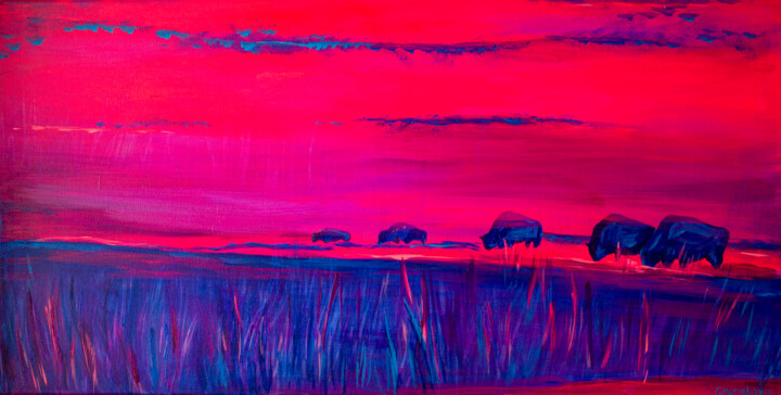Painting "Ascania - Nova. Bisons", 2025. 绘画, 19.7x39.4 in
