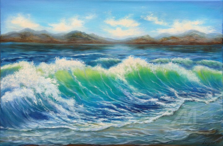 Malerei mit dem Titel "Blue sea waves" von Ludmilla Ukrow, Original-Kunstwerk, Öl Auf Keilrahmen aus Holz montiert