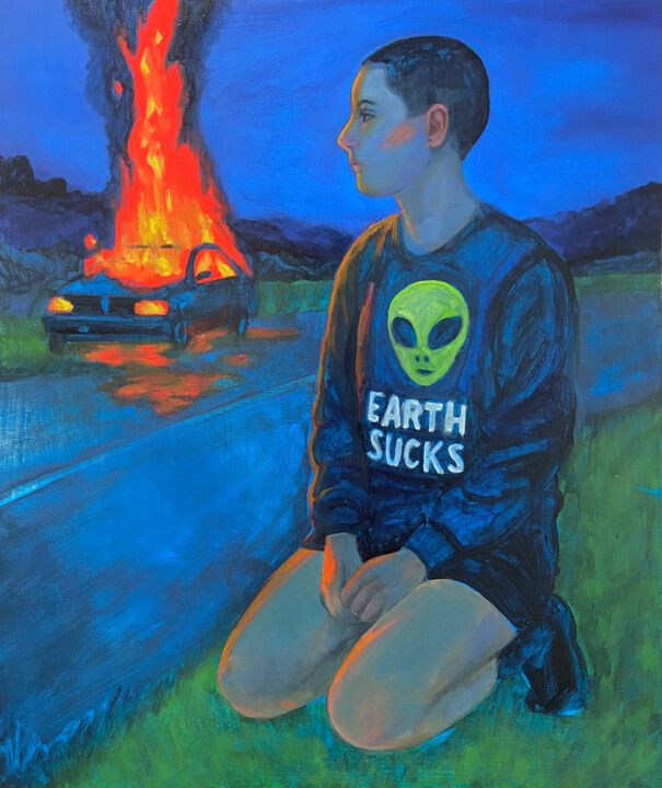 绘画 标题为“Earth sux” 由Chloé Kaemmerer, 原创艺术品, 油 安装在木质担架架上