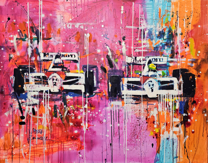Schilderij getiteld "Senna & Prost" door Marta Zawadzka, Origineel Kunstwerk, Acryl Gemonteerd op Frame voor houten brancard