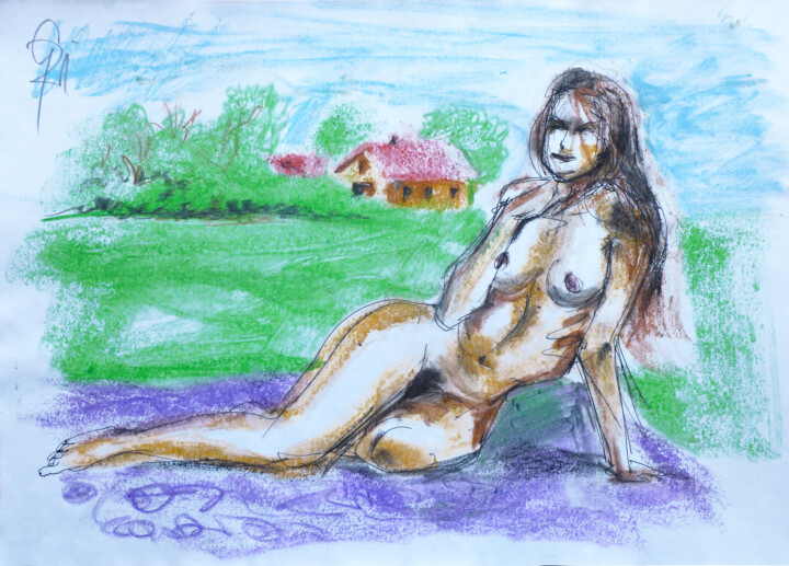 Auf Teppich in Landschaft. 图画, 11.6x16.1 in
