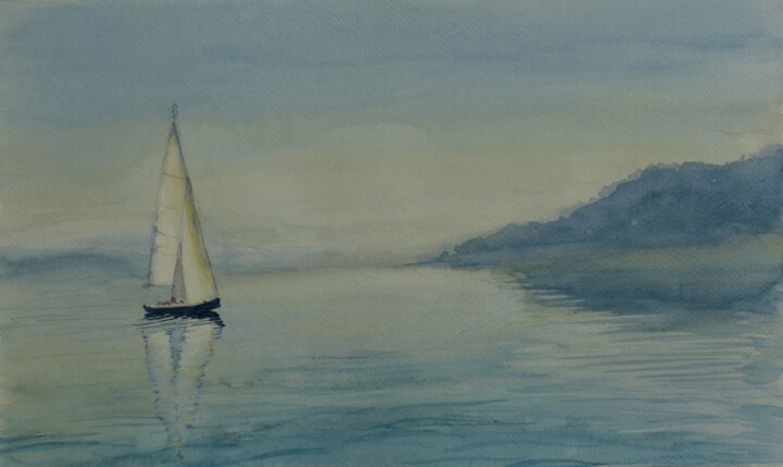 Painting titled "Lake Boat" by Devon, Original Artwork, Watercolor