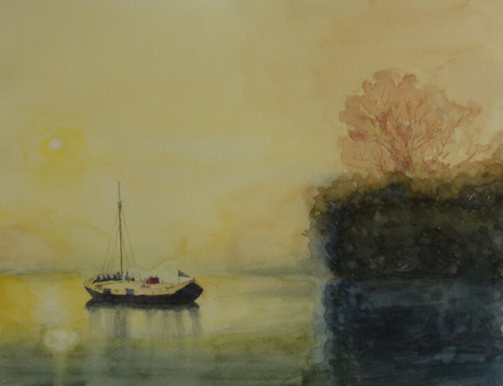 Painting titled "Lake Boat in misty…" by Devon, Original Artwork, Watercolor