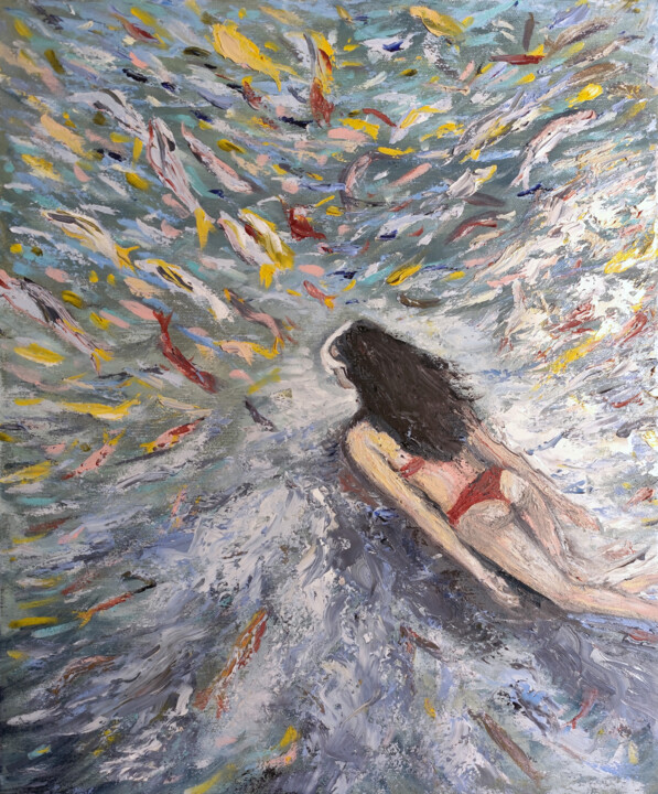 The Girl Swimming with the Fish 绘画, 19.7x15.8 in