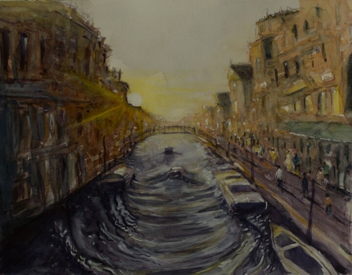 Painting titled "Venice Evening" by Devon, Original Artwork, Watercolor