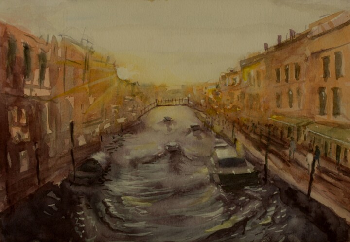 Painting titled "Venice Evening 2" by Devon, Original Artwork, Watercolor