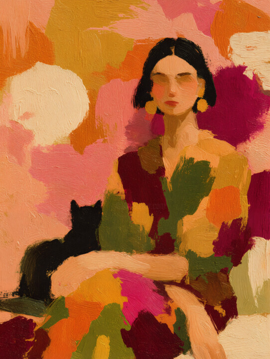 Radiant Harmony — Abstract Woman with Cat 数字艺术