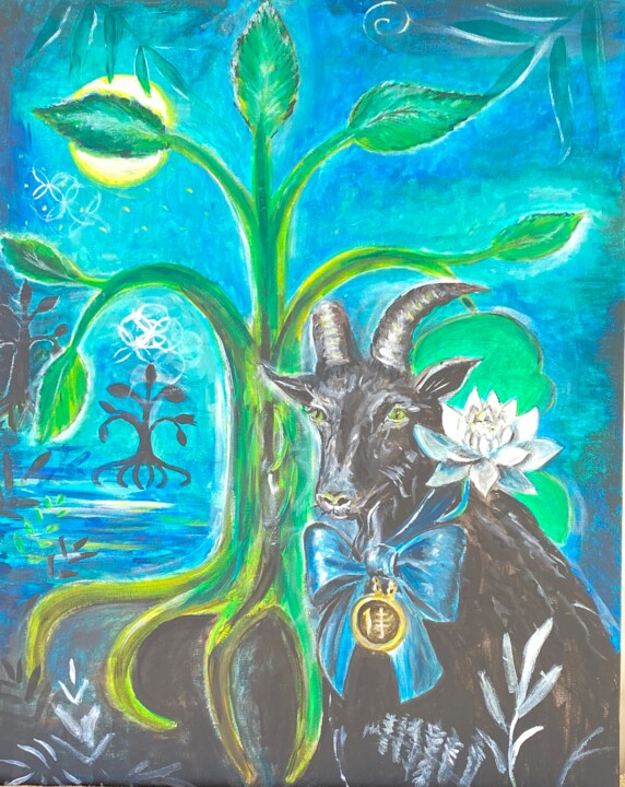 Goat near the tree of life Aureg 绘画, 19.7x15.8 in