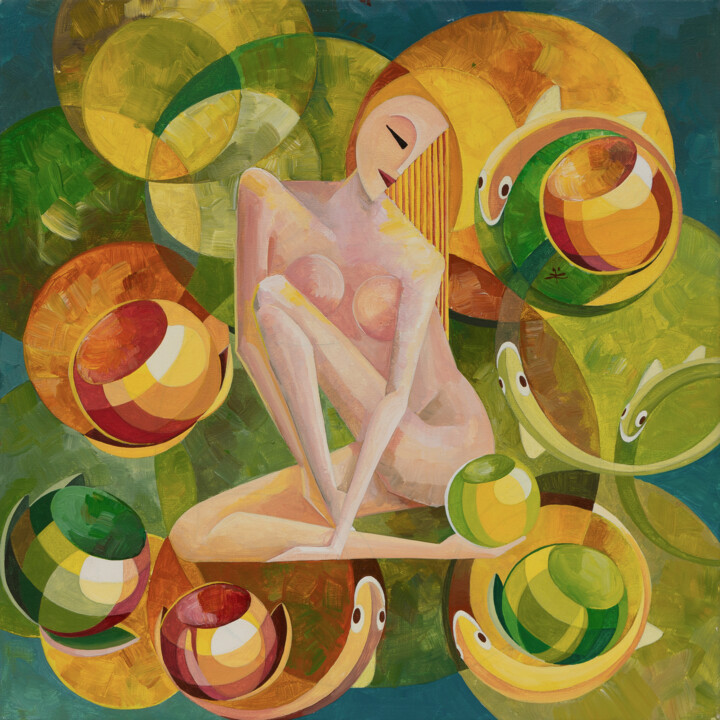 Painting titled "The girl with lotus…" by Tetiana Gryshchenko, Original Artwork, Acrylic Mounted on Wood Stretcher frame