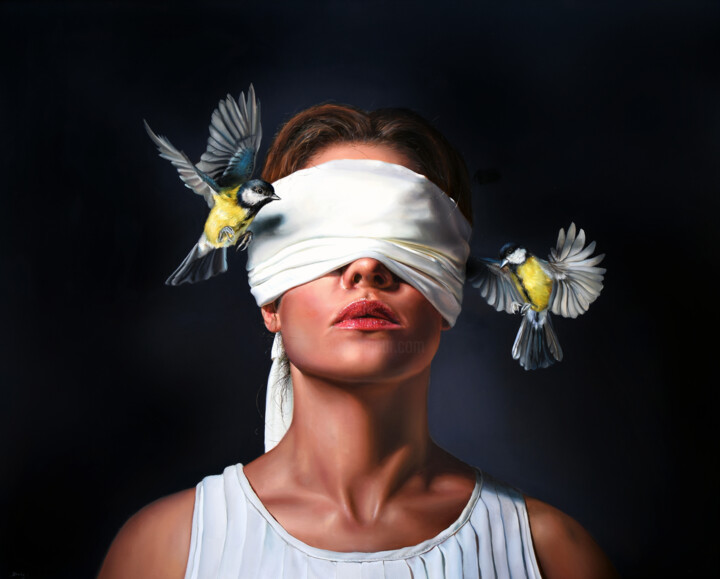 Peinture intitulée "Blindfolded woman 3." par Peter Duhaj, Œuvre d'art originale, Huile Monté sur Châssis en bois