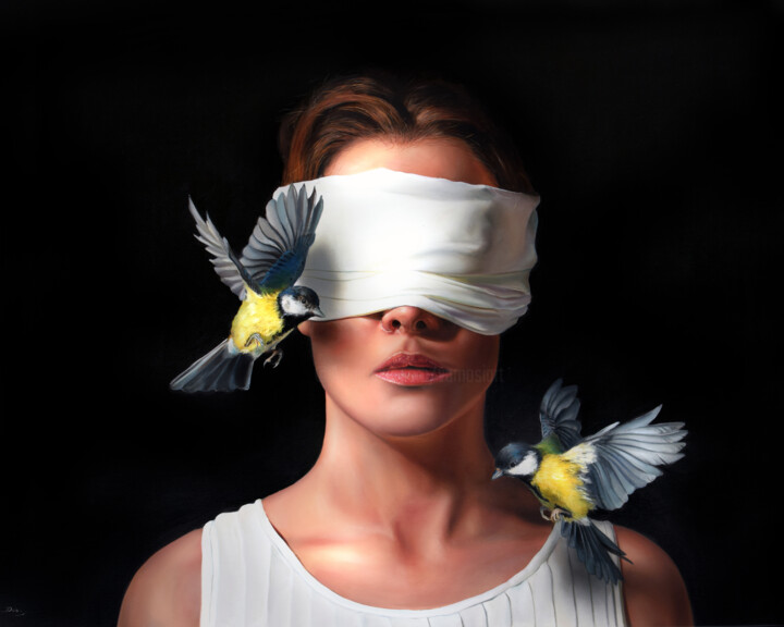 제목이 "Blindfolded woman 3."인 미술작품 Peter Duhaj로, 원작, 기름 나무 들것 프레임에 장착됨