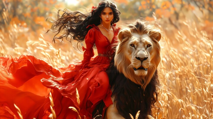 Harmony of power: the lion and the girl 数字艺术, 27.6x39.4 in